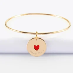 HappyBulle Bracelet personnalisé jonc plaqué or médaille gravée coeur émail rouge 19 mm - x Atelier Wagram