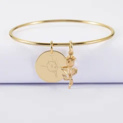New HappyBulle Bracelet personnalisé jonc plaqué or médaille gravée 19 mm et breloque rose 19 mm