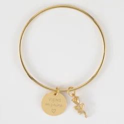 New HappyBulle Bracelet personnalisé jonc plaqué or médaille gravée 19 mm et breloque rose 19 mm