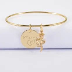 New HappyBulle Bracelet personnalisé jonc plaqué or médaille gravée 19 mm et breloque rose 19 mm