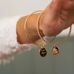New HappyBulle Bracelet personnalisé jonc torsadé plaqué or médaille gravée 15 mm