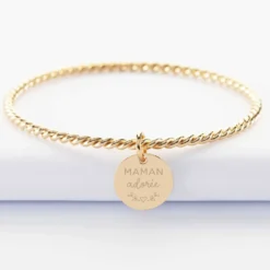 New HappyBulle Bracelet personnalisé jonc torsadé plaqué or médaille gravée 15 mm