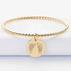 Online HappyBulle Bracelet personnalisé jonc torsadé plaqué or médaille gravée 19 mm
