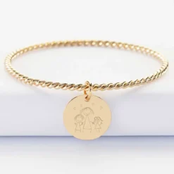 Online HappyBulle Bracelet personnalisé jonc torsadé plaqué or médaille gravée 19 mm