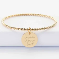 Online HappyBulle Bracelet personnalisé jonc torsadé plaqué or médaille gravée 19 mm