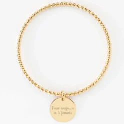 Online HappyBulle Bracelet personnalisé jonc torsadé plaqué or médaille gravée 19 mm