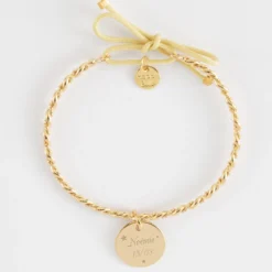 Best HappyBulle Bracelet personnalisé jonc tressé plaqué or et cordon médaille gravée 15 mm