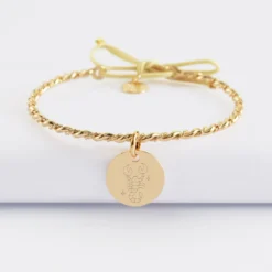 Best HappyBulle Bracelet personnalisé jonc tressé plaqué or et cordon médaille gravée 15 mm