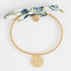 Outlet HappyBulle Bracelet personnalisé jonc tressé plaqué or et cordon Liberty médaille gravée 15 mm