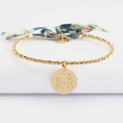 Outlet HappyBulle Bracelet personnalisé jonc tressé plaqué or et cordon Liberty médaille gravée 15 mm