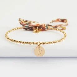 Discount HappyBulle Bracelet personnalisé jonc tressé plaqué or et cordon Liberty médaille gravée 10 mm