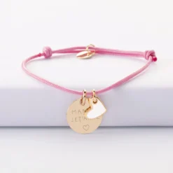 Outlet HappyBulle Bracelet personnalisé médaille gravée plaqué or 15 mm et breloque coeur email 10 mm Plaqué or 18k