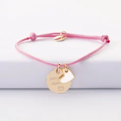 Outlet HappyBulle Bracelet personnalisé médaille gravée plaqué or 15 mm et breloque coeur email 10 mm Plaqué or 18k