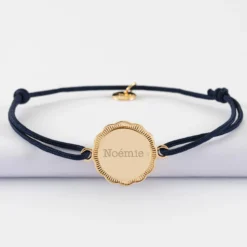 Sale HappyBulle Bracelet personnalisé médaille contour fleur gravée plaqué or 2 trous 18 mm