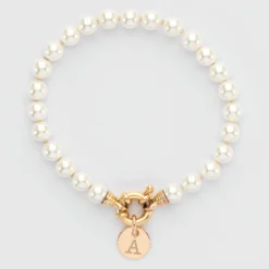 HappyBulle Bracelet personnalisé perles de Majorque fermoir marin médaille gravée plaqué or 10 mm