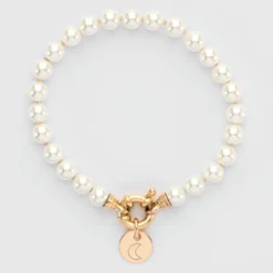 HappyBulle Bracelet personnalisé perles de Majorque fermoir marin médaille gravée plaqué or 10 mm