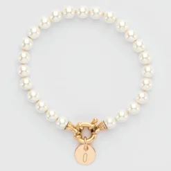 HappyBulle Bracelet personnalisé perles de Majorque fermoir marin médaille gravée plaqué or 10 mm