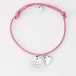 Hot HappyBulle Bracelet Témoin personnalisé médaille gravée argent 15 mm et breloque coeur email 10 mm Argent rhodié 925