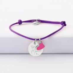 Hot HappyBulle Bracelet Témoin personnalisé médaille gravée argent 15 mm et breloque coeur email 10 mm Argent rhodié 925
