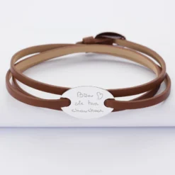 Hot HappyBulle Bracelet 3 tours cuir personnalisé médaille gravée argent ovale 2 trous 25x16 mm