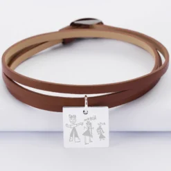 HappyBulle Bracelet 3 tours cuir personnalisé médaille gravée argent dormeuse carré 18x18 mm