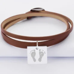 HappyBulle Bracelet 3 tours cuir personnalisé médaille gravée argent dormeuse carré 18x18 mm