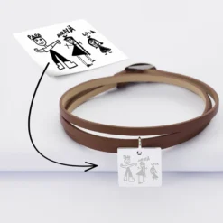 HappyBulle Bracelet 3 tours cuir personnalisé médaille gravée argent dormeuse carré 18x18 mm