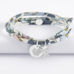 Outlet HappyBulle Bracelet 3 tours Liberty personnalisé médaille gravée argent 15 mm et breloque petite fille scintillante 12 mm Argent rhodié 925