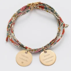 Sale HappyBulle Bracelet 3 tours Liberty personnalisé 2 médailles gravées plaqué or 19 mm Plaqué or 18k