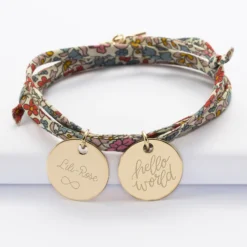 Sale HappyBulle Bracelet 3 tours Liberty personnalisé 2 médailles gravées plaqué or 19 mm Plaqué or 18k
