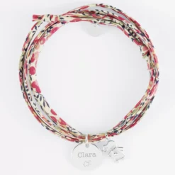 Clearance HappyBulle Bracelet 3 tours Liberty personnalisé médaille gravée argent 15 mm et breloque petite fille zircon 12 mm Argent rhodié 925