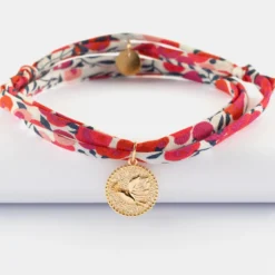 New HappyBulle Bracelet 3 tours Liberty personnalisé médaille gravée plaqué or colombe texturée 14 mm Plaqué or 18k