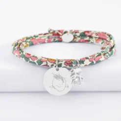 Clearance HappyBulle Bracelet 3 tours Liberty personnalisé médaille gravée argent 19 mm et breloque petite fille zircon 12 mm Argent rhodié 925