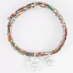 Clearance HappyBulle Bracelet 3 tours Liberty personnalisé médaille gravée argent 19 mm et breloque petite fille zircon 12 mm Argent rhodié 925