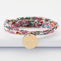 New HappyBulle Bracelet 3 tours Liberty personnalisé médaille martelée gravée plaqué or 19 mm Plaqué or 18k