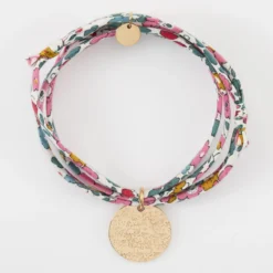 New HappyBulle Bracelet 3 tours Liberty personnalisé médaille martelée gravée plaqué or 19 mm Plaqué or 18k