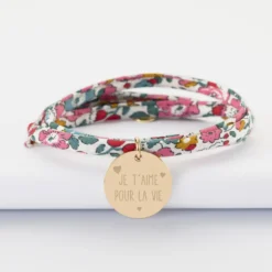 New HappyBulle Bracelet 3 tours Liberty personnalisé médaille martelée gravée plaqué or 19 mm Plaqué or 18k