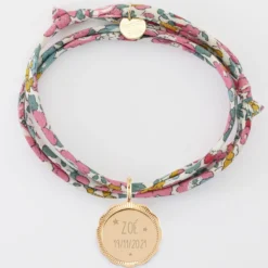 Best HappyBulle Bracelet 3 tours Liberty personnalisé médaille contour fleur gravée plaqué or 18 mm
