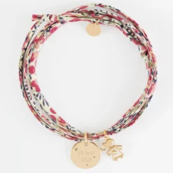 Sale HappyBulle Bracelet 3 tours Liberty personnalisé médaille gravée plaqué or 15 mm et breloque petite fille zircon 12 mm Plaqué or 18k