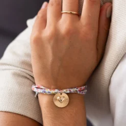 New HappyBulle Bracelet 3 tours Liberty personnalisé médaille soleil coeur bombé gravée plaqué or 19 mm Plaqué or 18k