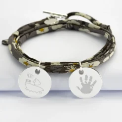 Sale HappyBulle Bracelet 3 tours Liberty personnalisé 2 médailles gravées argent 19 mm Argent rhodié 925