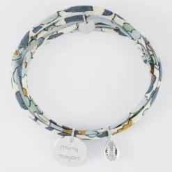 Clearance HappyBulle Bracelet 3 tours Liberty personnalisé médaille gravée argent 15 mm et breloque coquillage cauri 10 mm Argent rhodié 925
