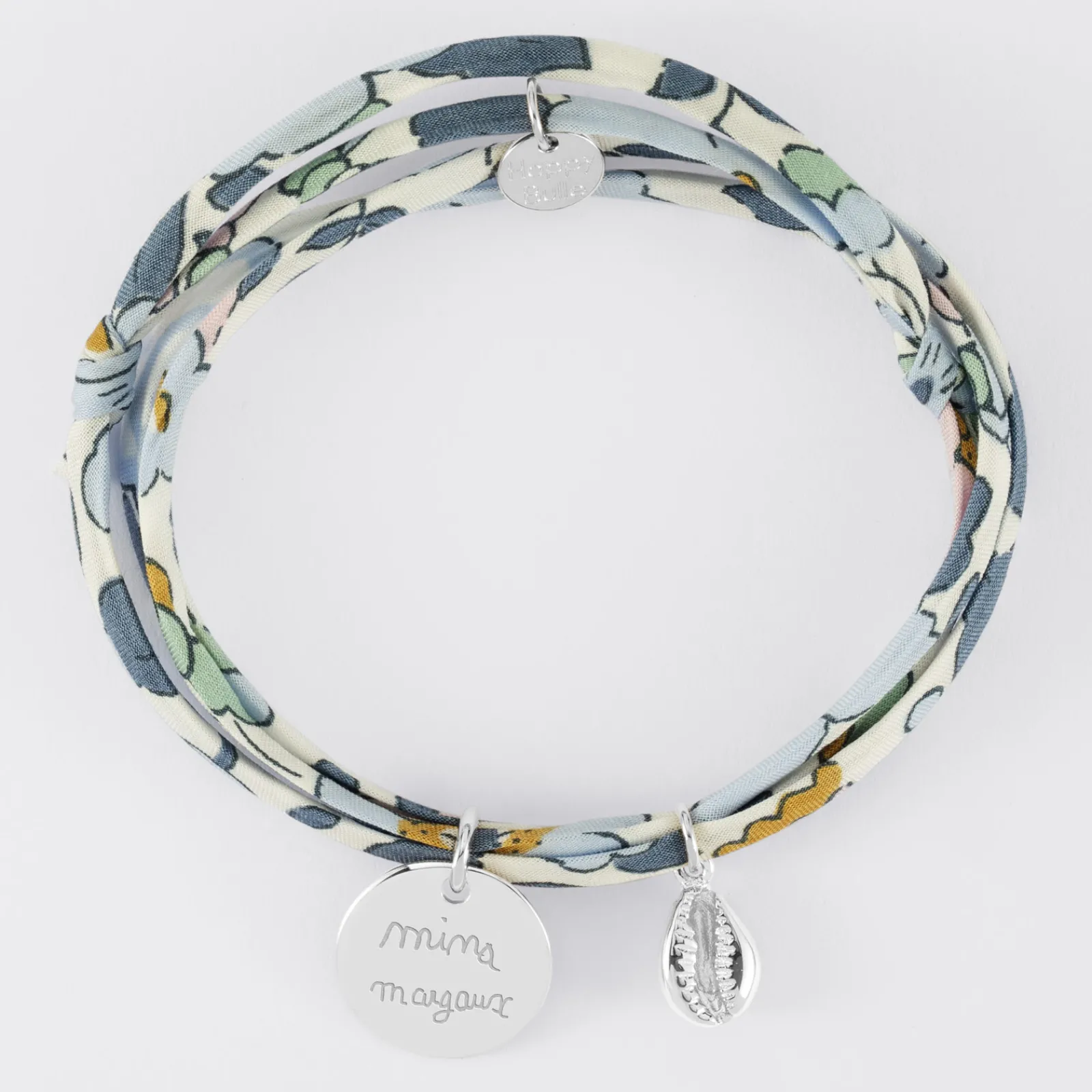 Clearance HappyBulle Bracelet 3 tours Liberty personnalisé médaille gravée argent 15 mm et breloque coquillage cauri 10 mm Argent rhodié 925