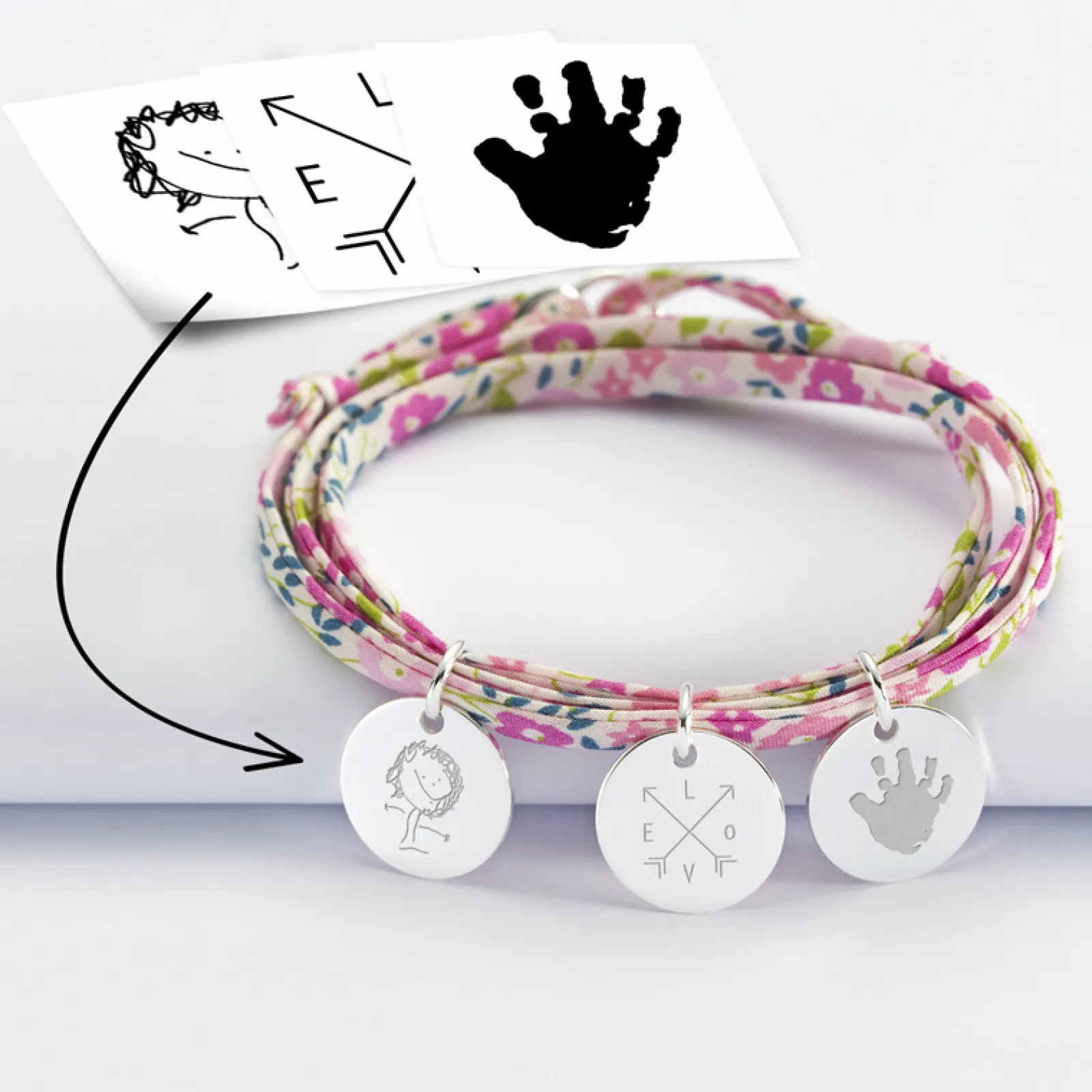 New HappyBulle Bracelet 3 tours Liberty personnalisé 3 médailles gravées argent 15 mm Argent rhodié 925