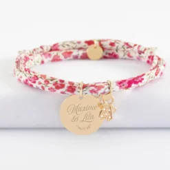 Outlet HappyBulle Bracelet 3 tours Liberty personnalisé médaille gravée plaqué or 19 mm et breloque petite fille scintillante 12 mm