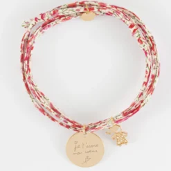 Outlet HappyBulle Bracelet 3 tours Liberty personnalisé médaille gravée plaqué or 19 mm et breloque petite fille scintillante 12 mm