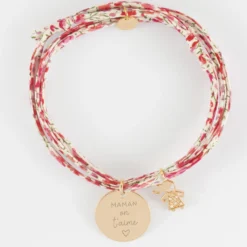 Outlet HappyBulle Bracelet 3 tours Liberty personnalisé médaille gravée plaqué or 19 mm et breloque petite fille scintillante 12 mm