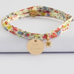 Clearance HappyBulle Bracelet 3 tours Liberty personnalisé médaille gravée plaqué or 15 mm et breloque fleur zircon plaqué or 8 mm