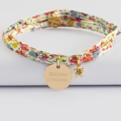 Clearance HappyBulle Bracelet 3 tours Liberty personnalisé médaille gravée plaqué or 15 mm et breloque fleur zircon plaqué or 8 mm