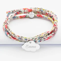 Sale HappyBulle Bracelet 3 tours Liberty personnalisé prénom médaille gravée argent nuage 20x14 mm Argent rhodié 925